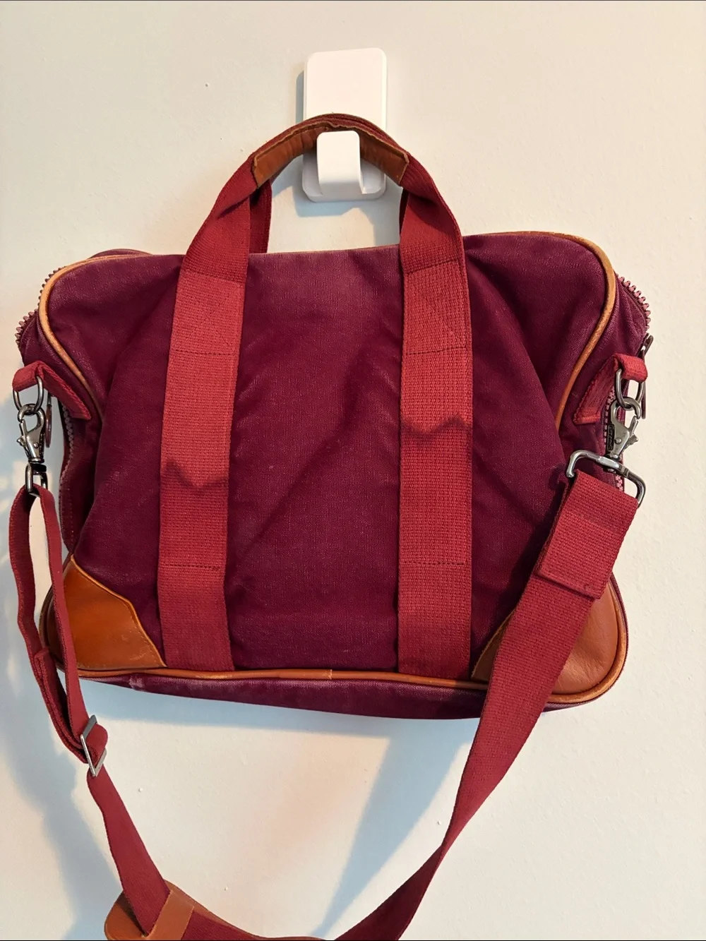 Vintage Lands' End Burgundy Canvas Laptop Brief with Brown Leather Trim